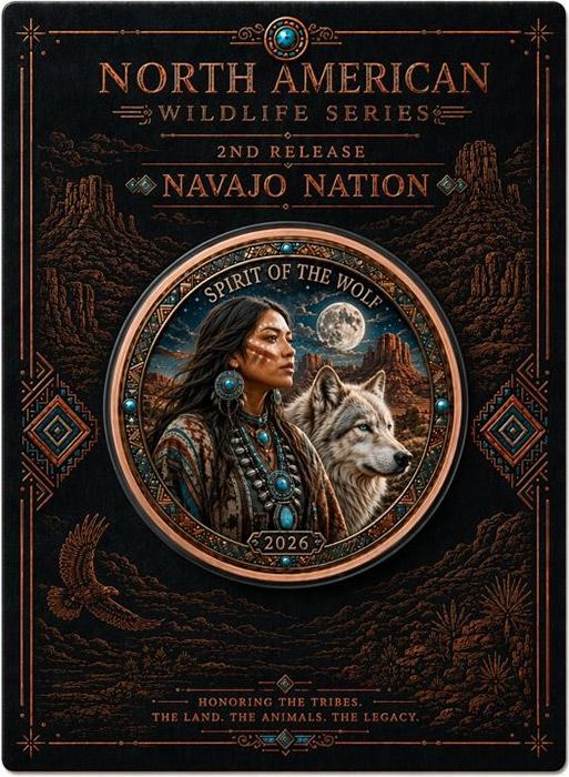 See the back! North American Wildlife - Navajo Nation Spirit of the Wolf UHR Colorized 1 oz Copper Medal in Card (06/05)