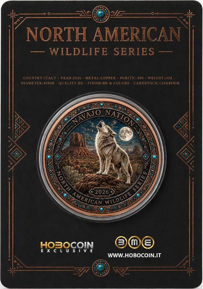 See the back! North American Wildlife - Navajo Nation Spirit of the Wolf UHR Colorized 1 oz Copper Medal in Card (06/05)