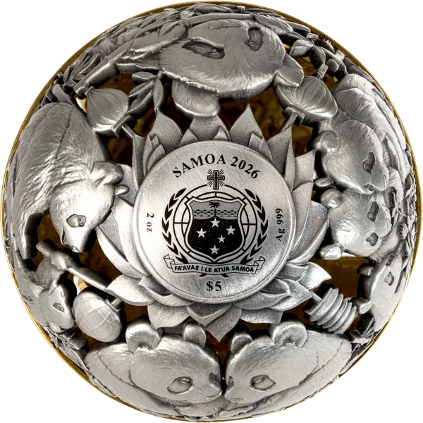 2026 Samoa Dragon & Panda Filigree Spherical 2 oz Silver Coin (06/08)