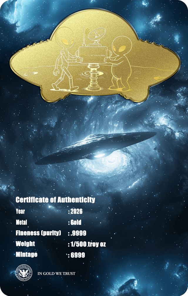 2026 UFO Shaped 1/500 oz Gold Medal in Card (06/08)