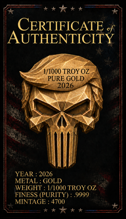 GOLD! 2026 Trump Patriot Skull JUMBO – 1/1000 Troy Oz .9999 Pure Gold Patriotic Collectible