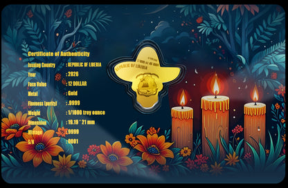 In Stock! 2026 Liberia Dia De Los Muertos Shaped 1/1000 oz Gold Coin in Card (08/20)