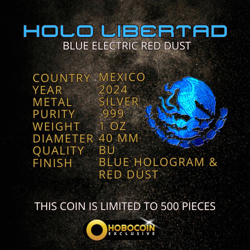 In Stock! 2024 Mexico Libertad Blue Electric Holo Red Glitter Edition 1 oz Silver Coin (08/26)