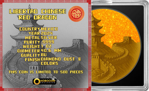 In Stock! 2024 Mexico Libertad Chinese Red Dragon Diamond Dust Edition 1 oz Silver Coin (06/18)