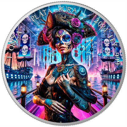 In Stock! 2024 Mexico Libertad Dia de los Muertos Cyberpunk Corsair Edition 1 oz Silver Coin (10/03)