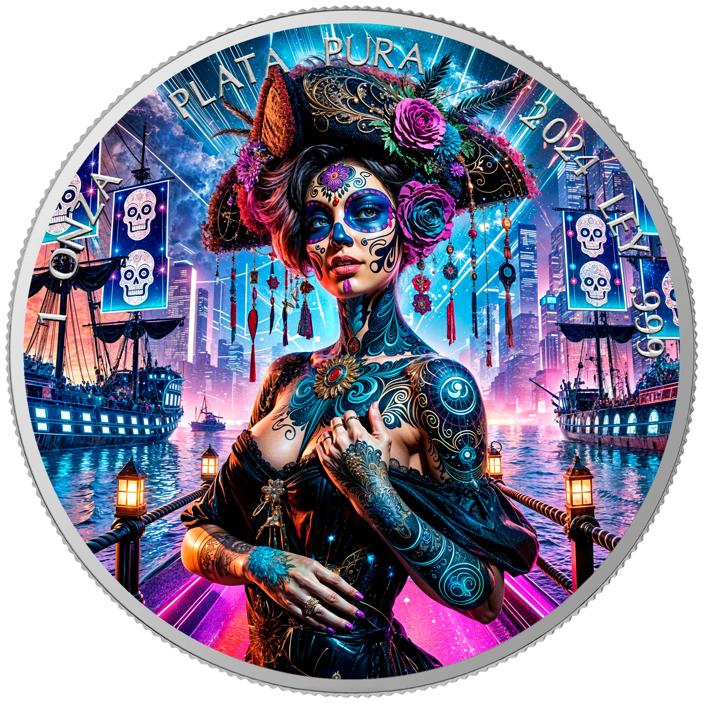 In Stock! 2024 Mexico Libertad Dia de los Muertos Cyberpunk Corsair Edition 1 oz Silver Coin (10/03)