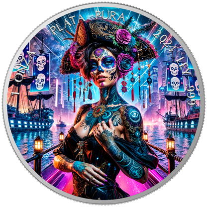 In Stock! 2024 Mexico Libertad Dia de los Muertos Cyberpunk Corsair Edition 1 oz Silver Coin (10/03)