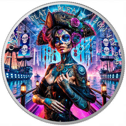 In Stock! 2024 Mexico Libertad Dia de los Muertos Cyberpunk Corsair Edition 1 oz Silver Coin (10/03)