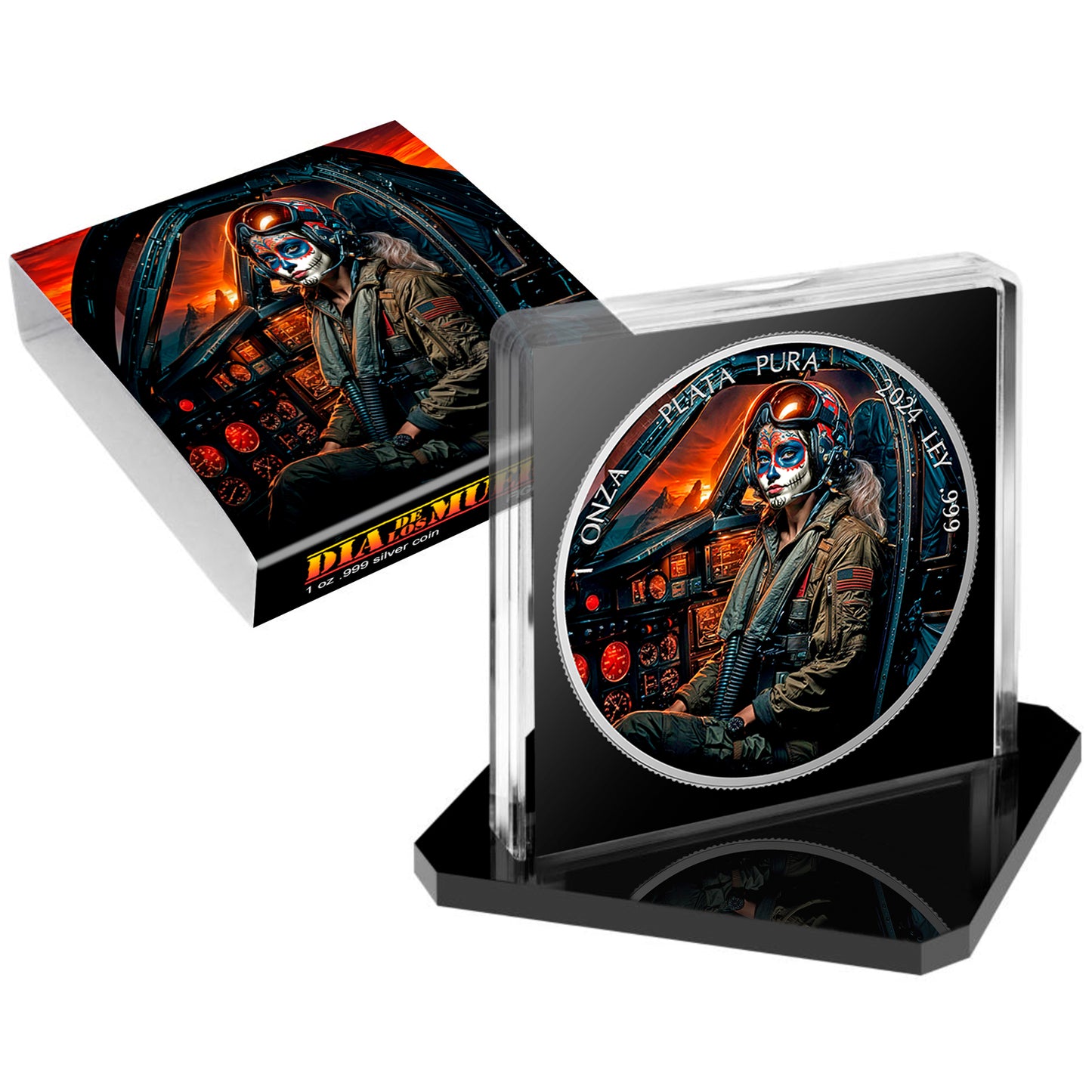 In Stock! 2024 Mexico Libertad Dia de los Muertos Fighter Pilot Edition 1 oz Silver Coin (08/15)