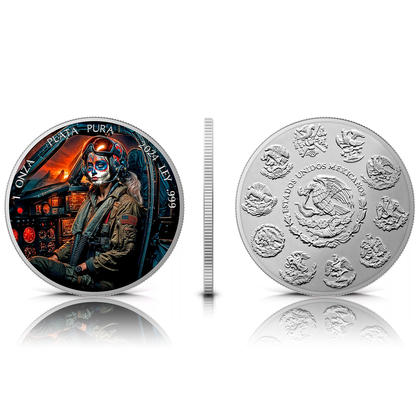 In Stock! 2024 Mexico Libertad Dia de los Muertos Fighter Pilot Edition 1 oz Silver Coin (08/15)