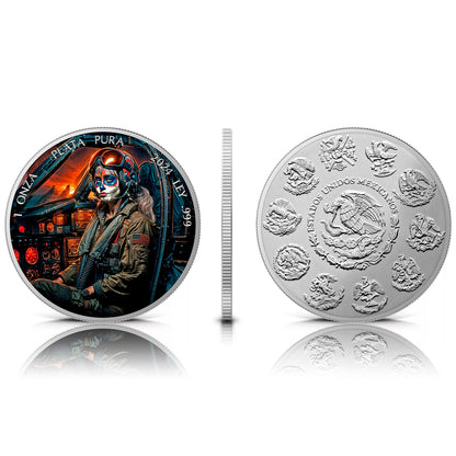 In Stock! 2024 Mexico Libertad Dia de los Muertos Fighter Pilot Edition 1 oz Silver Coin (08/15)