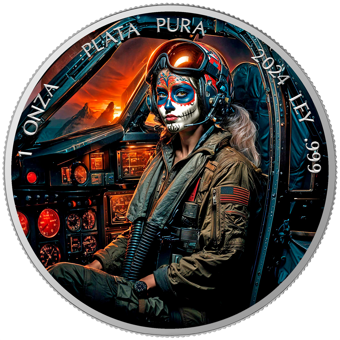 In Stock! 2024 Mexico Libertad Dia de los Muertos Fighter Pilot Edition 1 oz Silver Coin (08/15)
