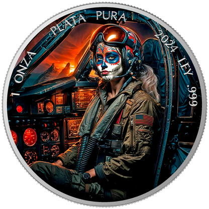 In Stock! 2024 Mexico Libertad Dia de los Muertos Fighter Pilot Edition 1 oz Silver Coin (08/15)