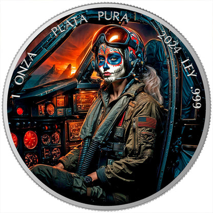 In Stock! 2024 Mexico Libertad Dia de los Muertos Fighter Pilot Edition 1 oz Silver Coin (08/15)