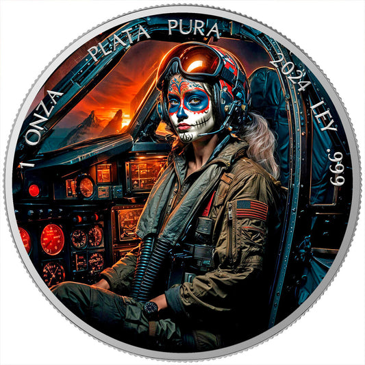 In Stock! 2024 Mexico Libertad Dia de los Muertos Fighter Pilot Edition 1 oz Silver Coin (08/15)
