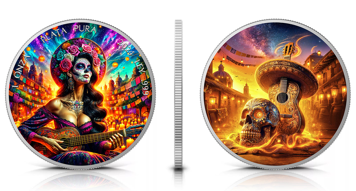 In Stock! 2024 Mexico Libertad Dia de los Muertos Guitarist Sunrise Edition 1 oz Silver Coin