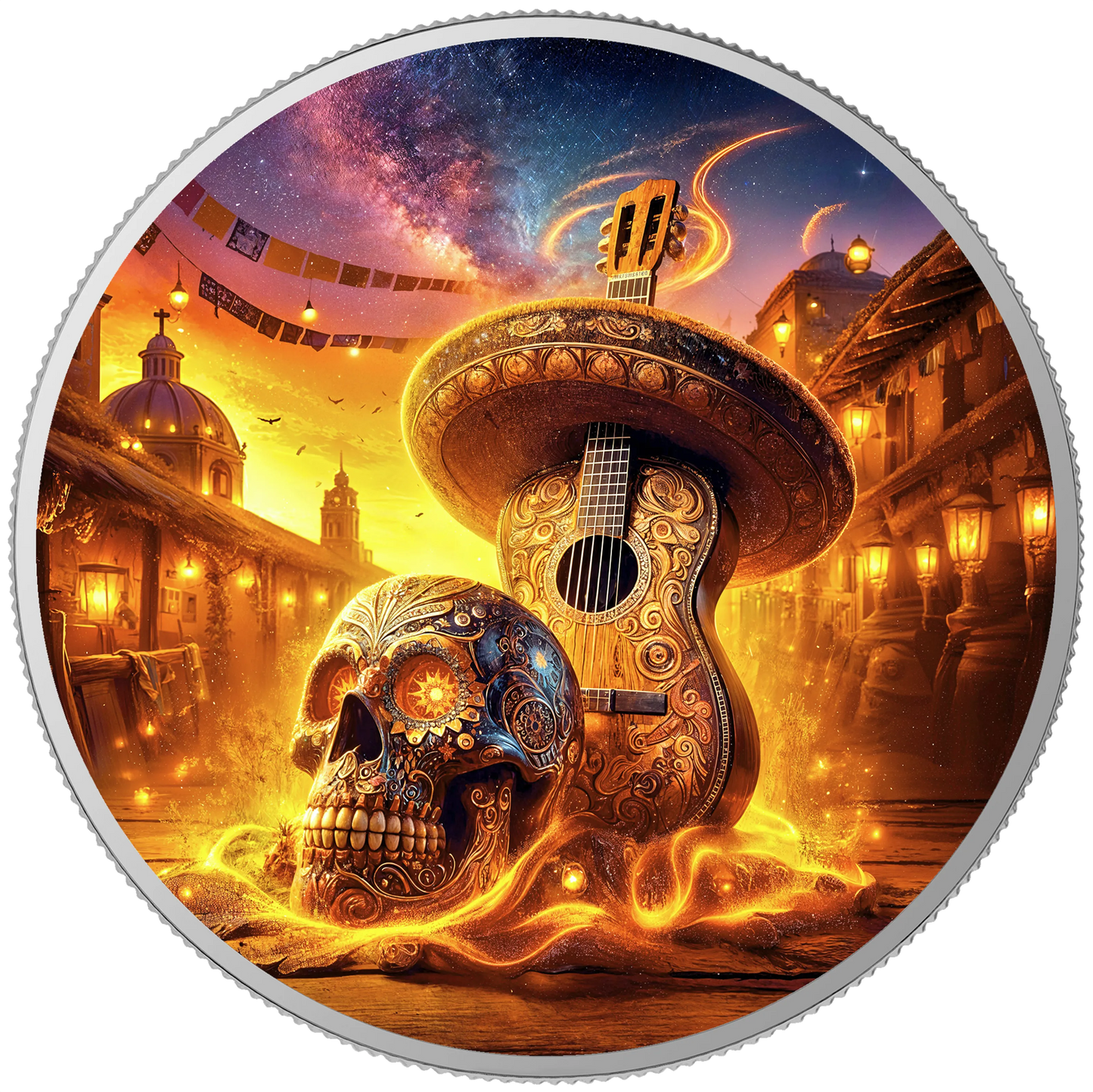 In Stock! 2024 Mexico Libertad Dia de los Muertos Guitarist Sunrise Edition 1 oz Silver Coin