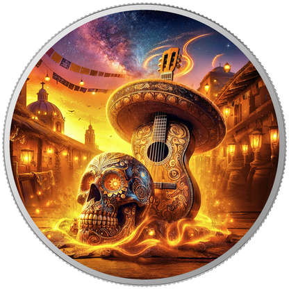 In Stock! 2024 Mexico Libertad Dia de los Muertos Guitarist Sunrise Edition 1 oz Silver Coin