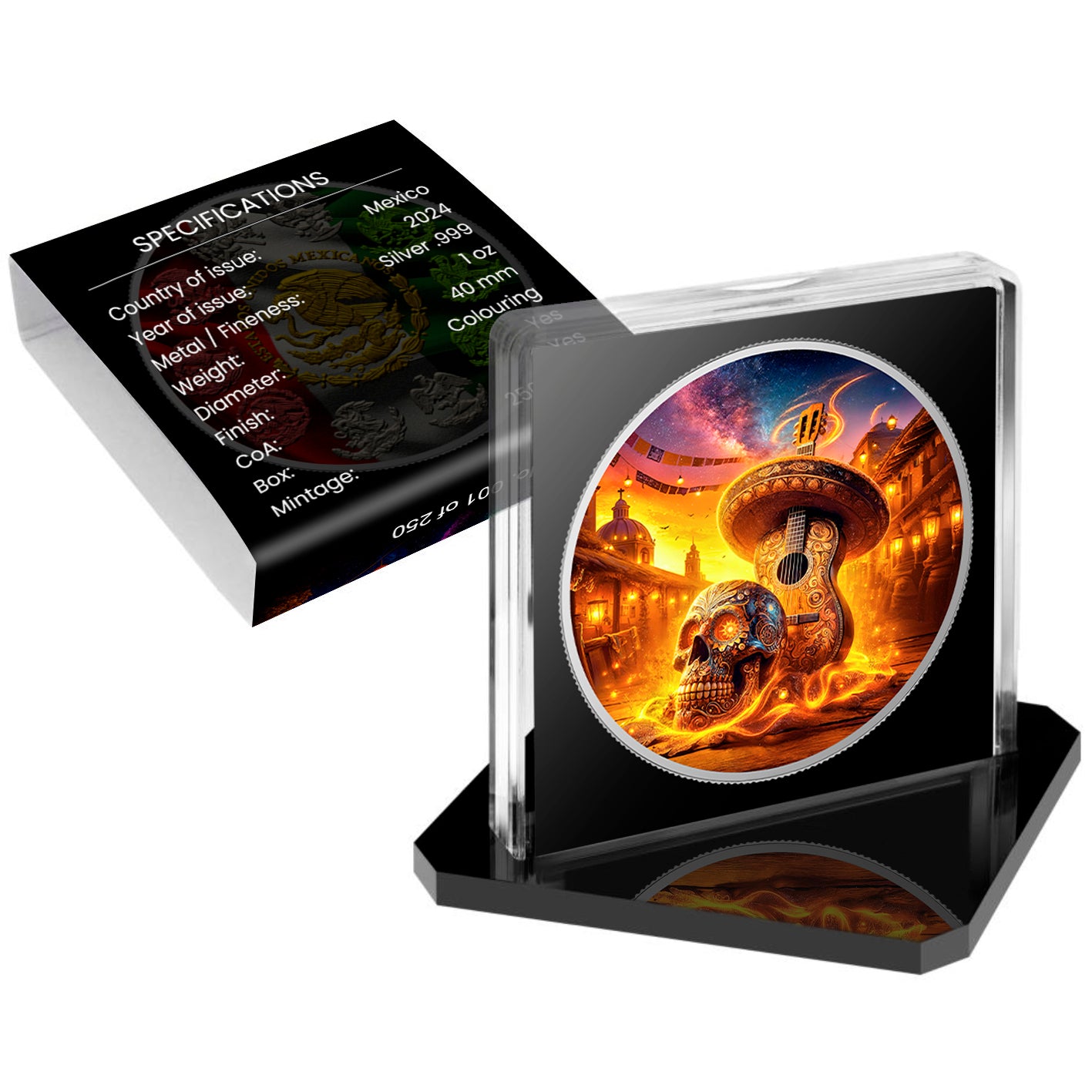 In Stock! 2024 Mexico Libertad Dia de los Muertos Guitarist Sunrise Edition 1 oz Silver Coin