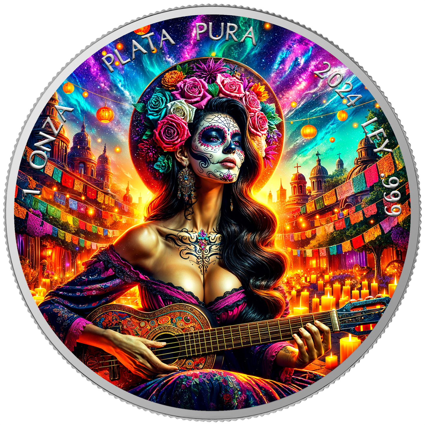 In Stock! 2024 Mexico Libertad Dia de los Muertos Guitarist Sunrise Edition 1 oz Silver Coin