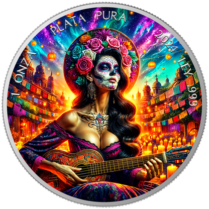 In Stock! 2024 Mexico Libertad Dia de los Muertos Guitarist Sunrise Edition 1 oz Silver Coin