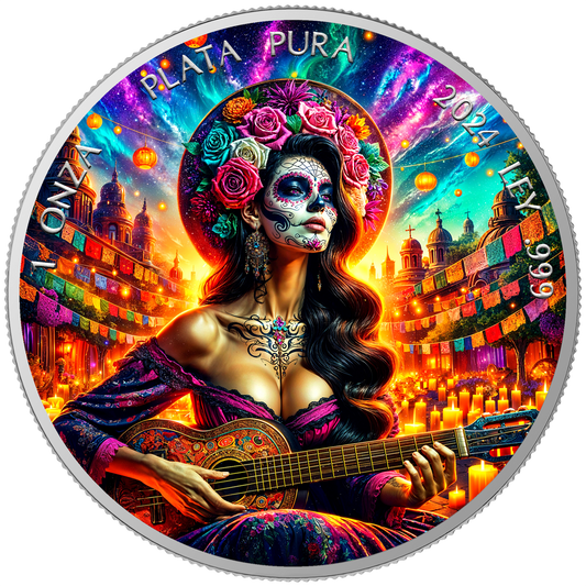 In Stock! 2024 Mexico Libertad Dia de los Muertos Guitarist Sunrise Edition 1 oz Silver Coin