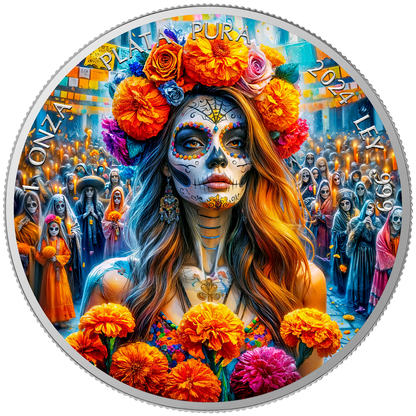 In Stock! 2024 Mexico Libertad Dia De Los Muertos Flowers Edition 1 oz Silver Coin