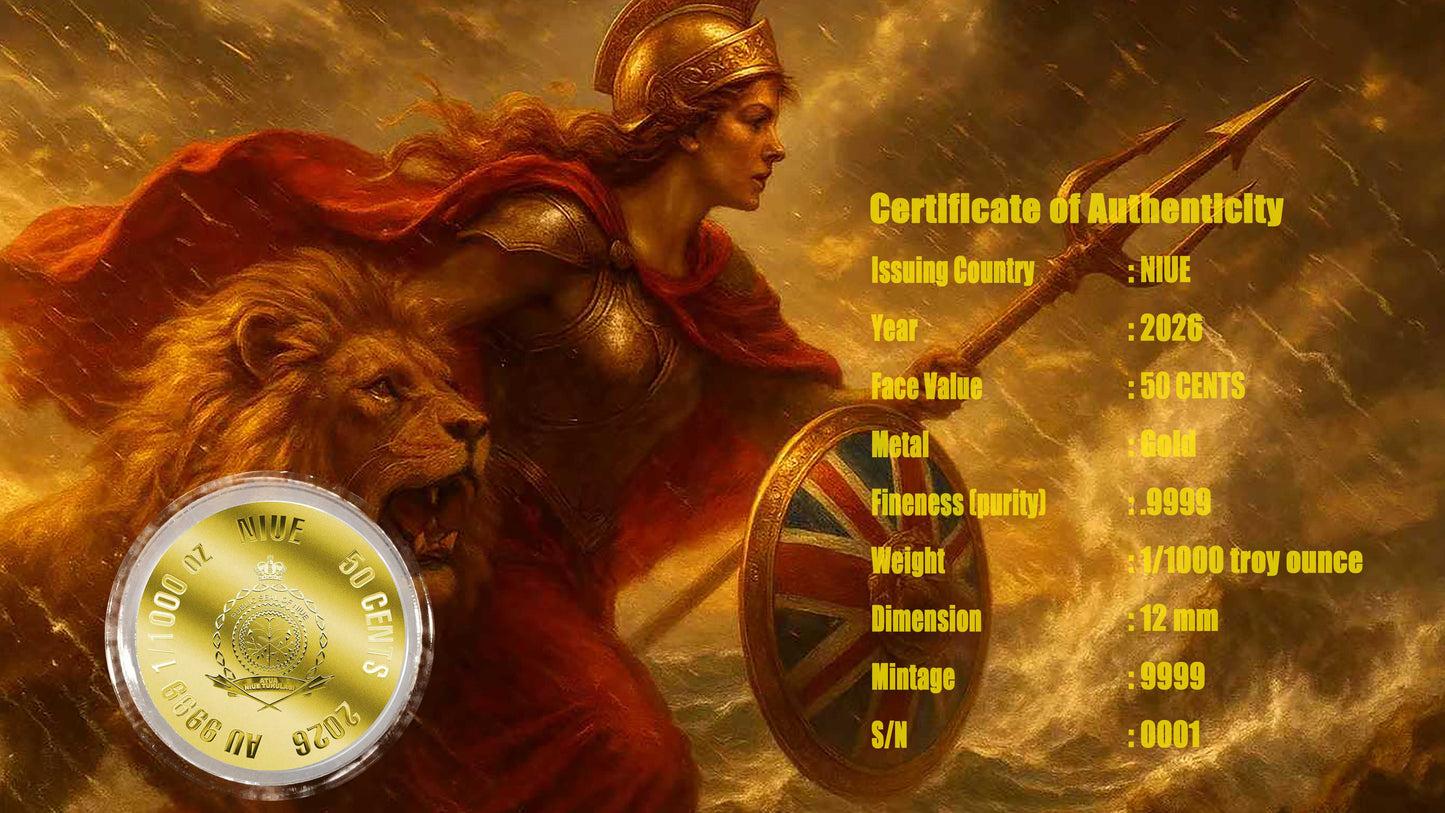 In Stock! 2026 Niue Britannia 1/1000 oz Gold Coin in Card