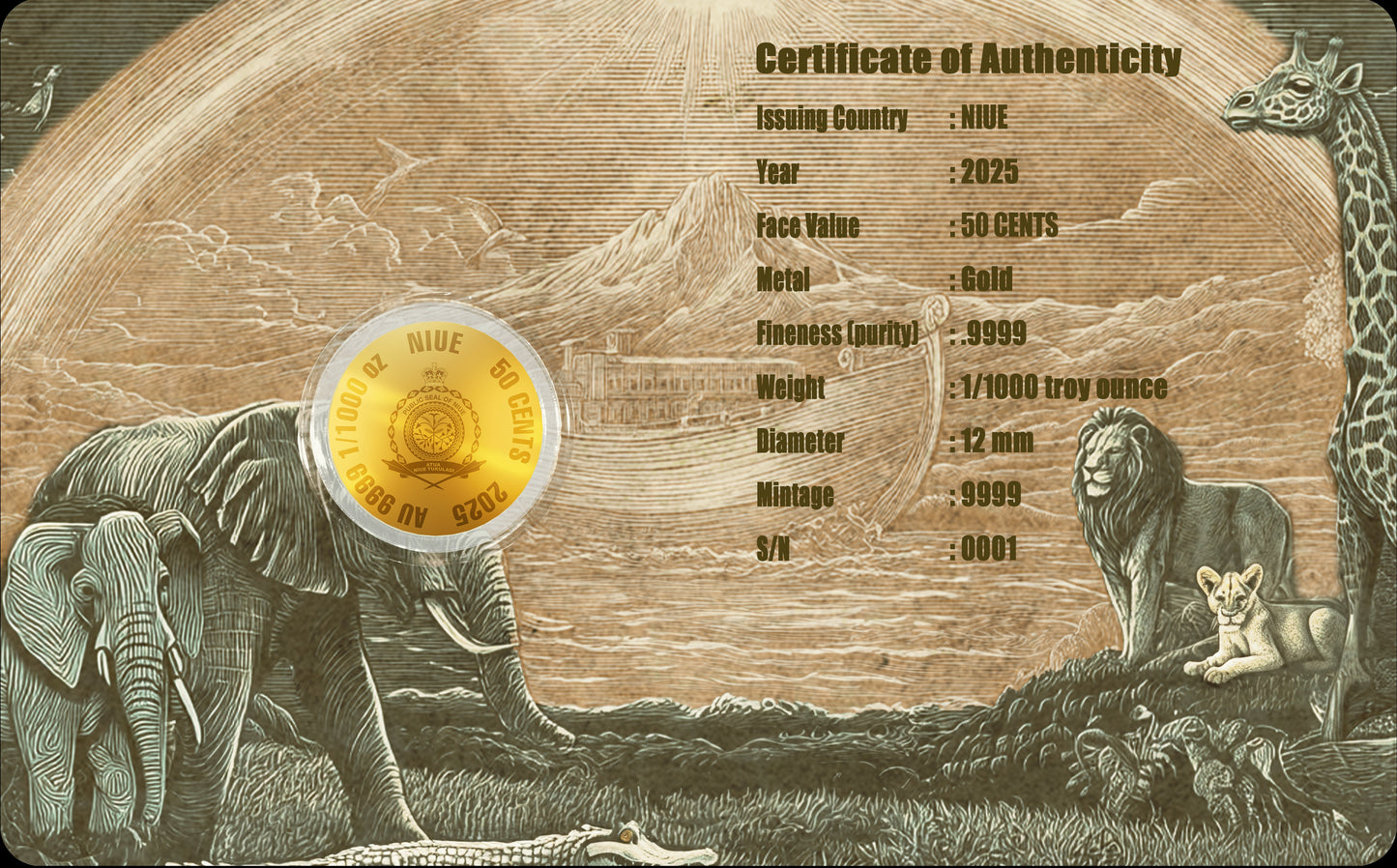 In Stock! 2025 Niue Noah's Ark 1/1000 oz Gold Coin in Card (08/15)