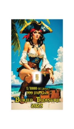 In Stock! 2025 Buried Treasure 1/1000 oz Gold Bar in Card (07/18)