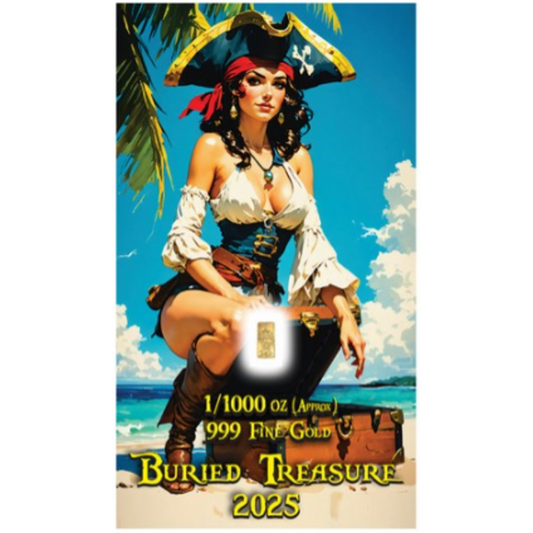 In Stock! 2025 Buried Treasure 1/1000 oz Gold Bar in Card (07/18)