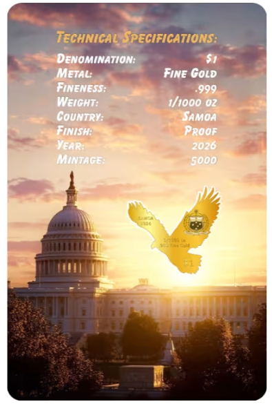 In Stock! 2026 Samoa Bald Eagle 1/1000 oz Gold Coin in Card (10/07)