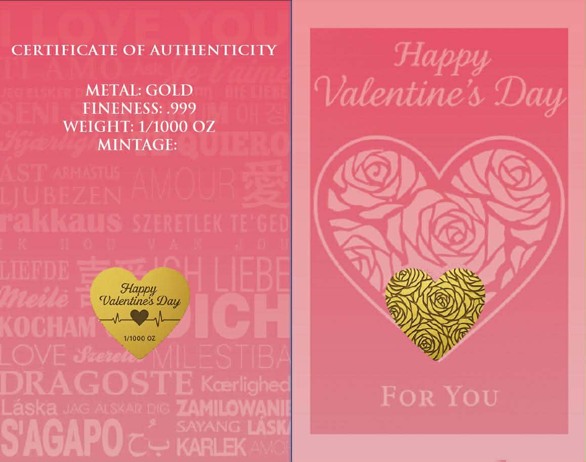 In Stock! Happy Valentine's Day 1/1000 oz Shaped Gold in Card
