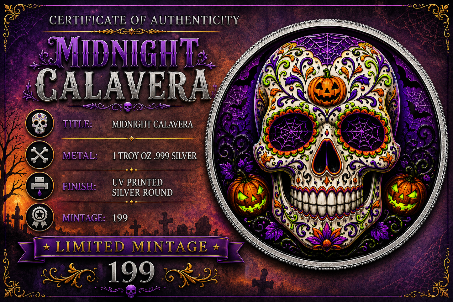Midnight Calavera Colorized 1 oz Silver Round
