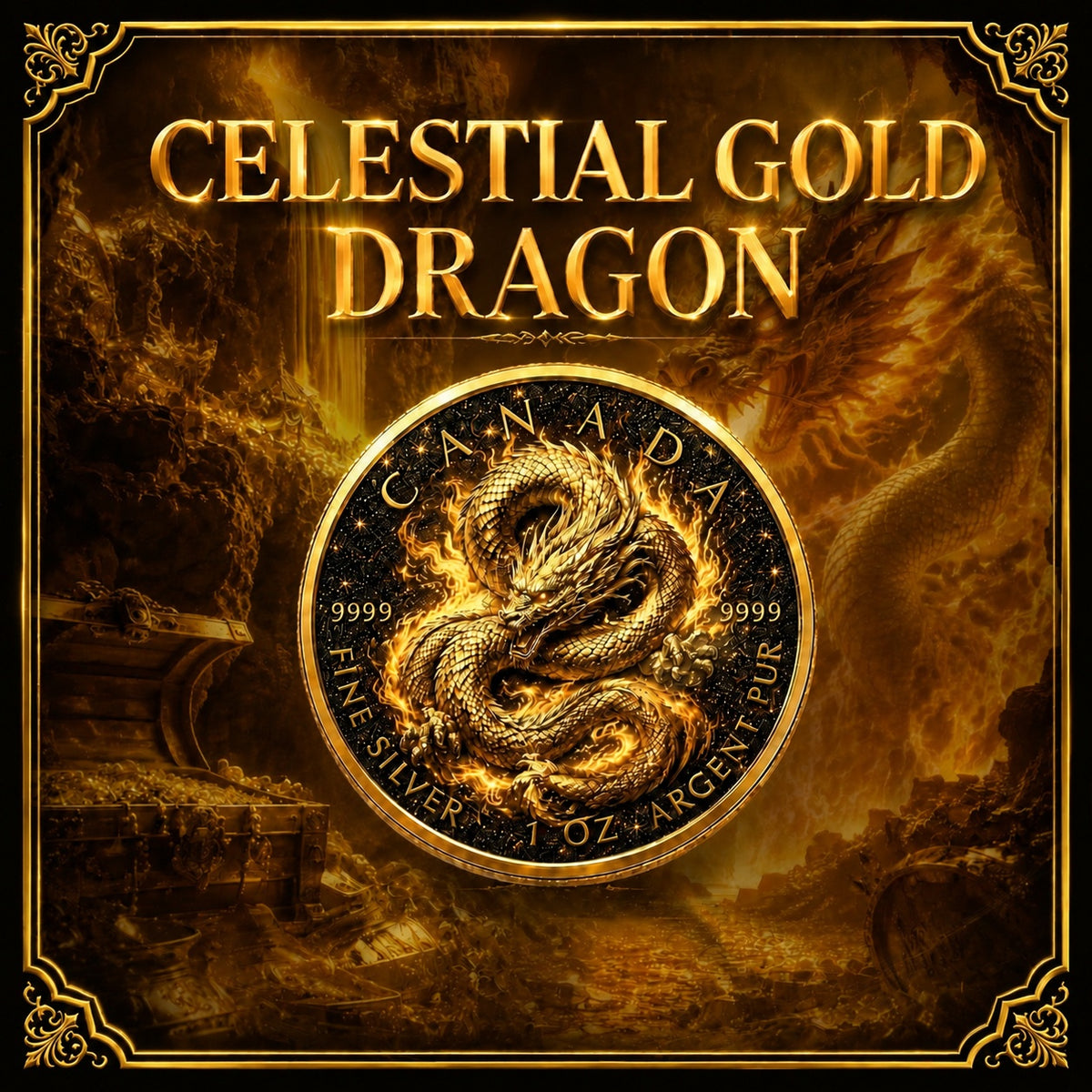 2026 Canada Maple Leaf Celestial Gold Dragon Diamond Dust 1 oz Silver Coin