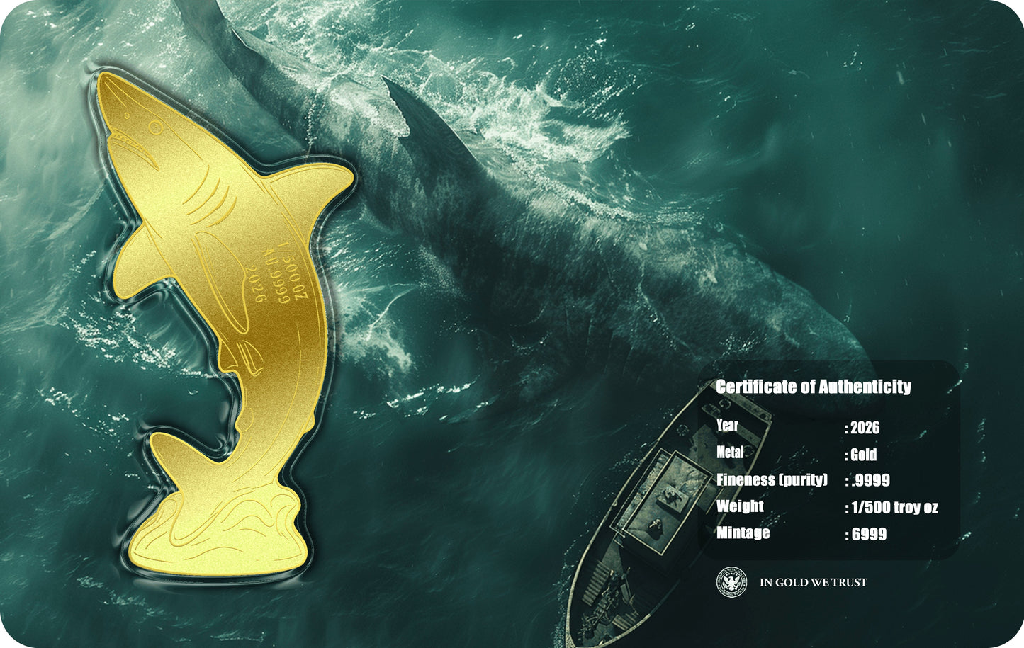 2026 Megalodon Shark Shaped 1/500 oz Gold Medal in Card (06/25)