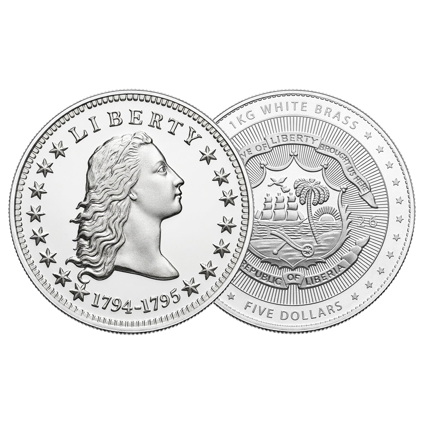 2026 Liberia Flowing Hair 1 Kilo White Brass Coin (08/04)