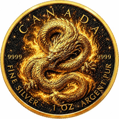 2026 Canada Maple Leaf Celestial Gold Dragon Diamond Dust 1 oz Silver Coin
