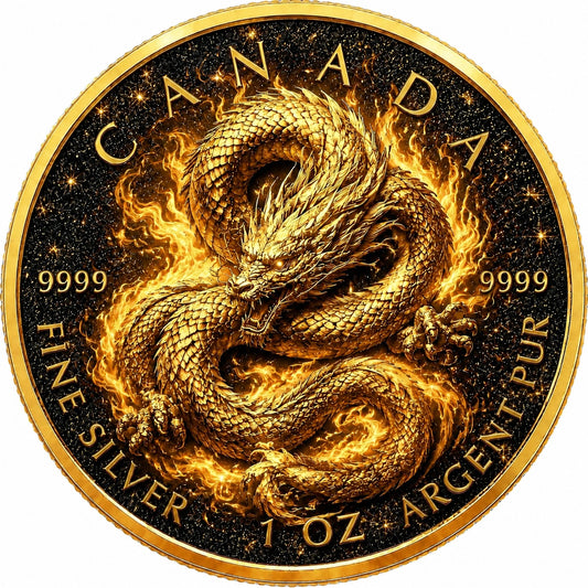 2026 Canada Maple Leaf Celestial Gold Dragon Diamond Dust 1 oz Silver Coin