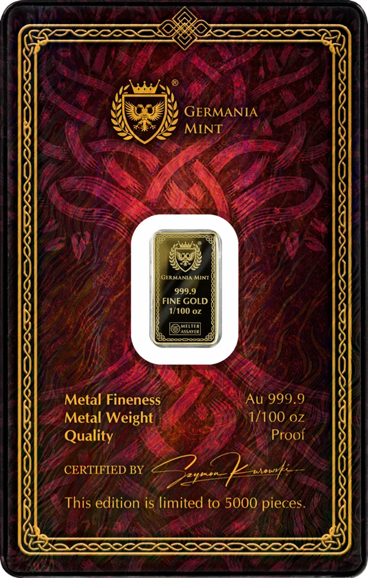 2026 Germania Gods Sif Minted 1/100 oz Gold Bar in Card