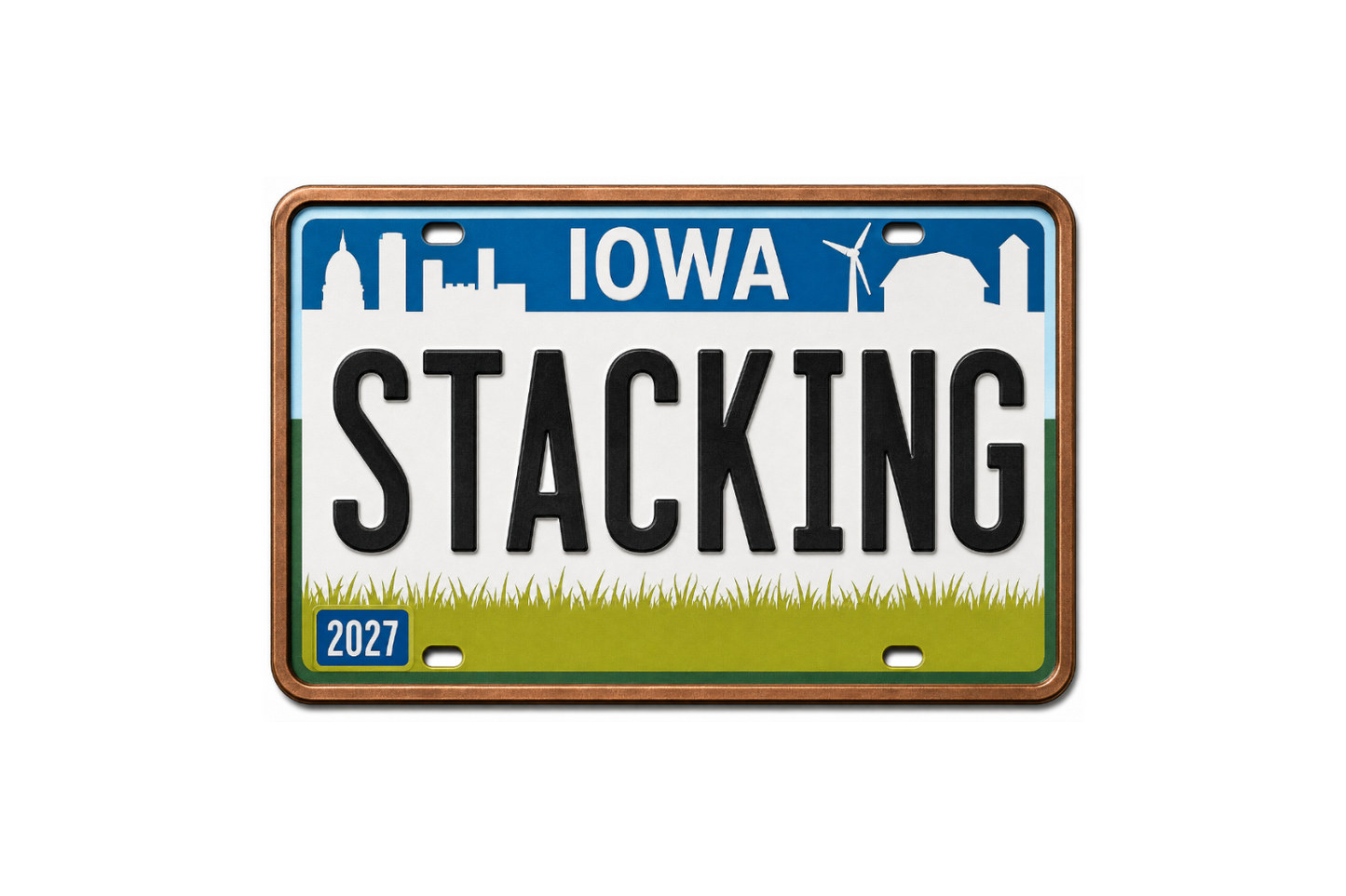 2027 Stacking Across America Iowa License Plate Colorized 1 oz Copper Bar (Series 3)