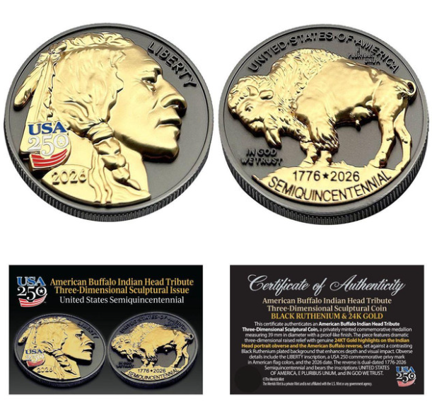 1776-2026 Buffalo Indian Head Tribute UHR Black Ruthenium & 24k Gold CN Round (07/15)