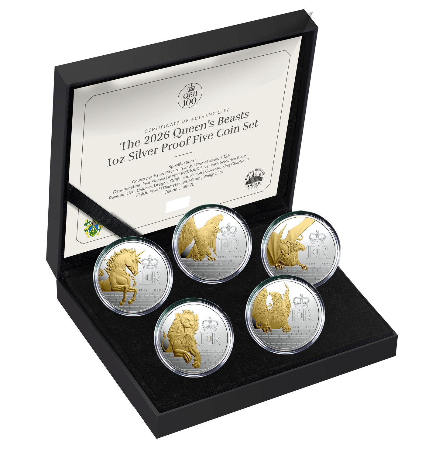 2026 Pitcairn Islands Queen's Beast Gold Gilt 5 x 1 oz Silver Coin Set (08/03)