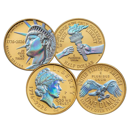 U.S. Genuine Legal Tender $2 Bill, Half Dollar, & Dime 250th Ann. Hologram Coin Set
