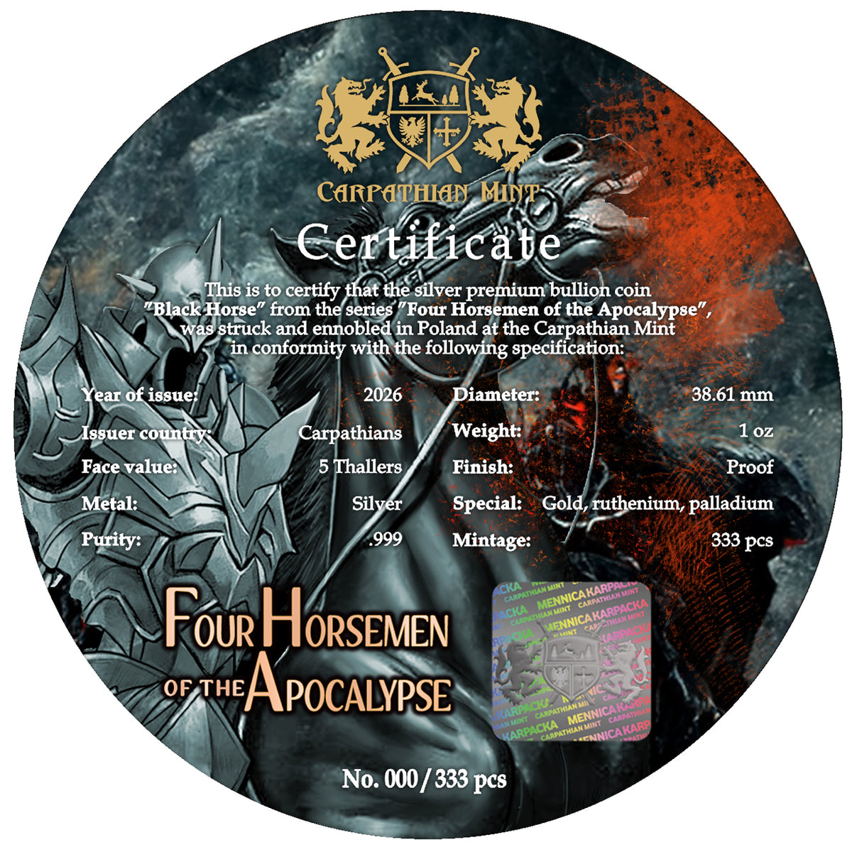 2026 Carpathian Four Horsemen of the Apocalypse Black Horse - Ennobled Edition 1 oz Silver Coin