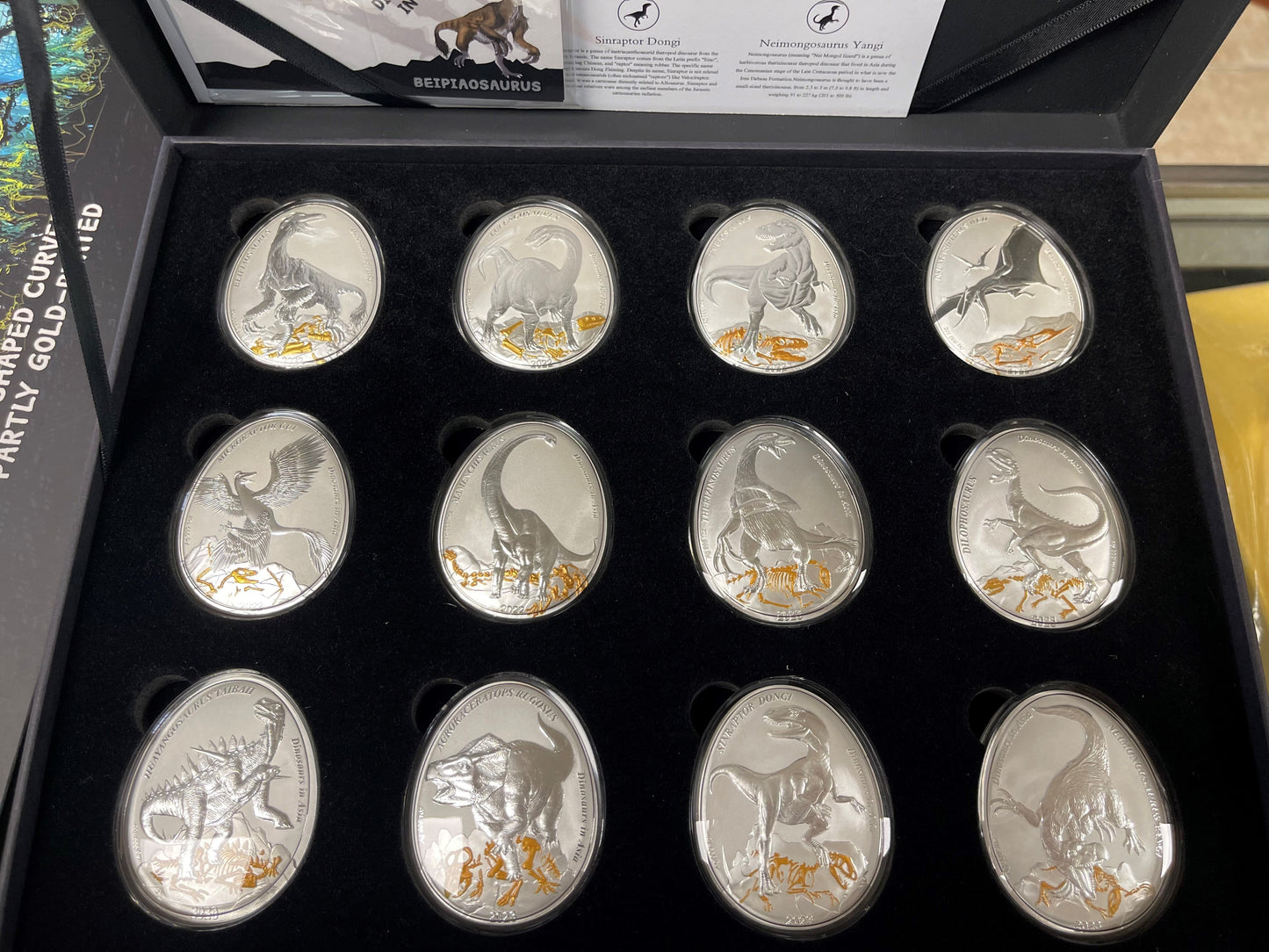 WOW! In Stock! 12pcs Complete set Samoa 2022 Dinosaurs in Asia Egg Curved silver coins