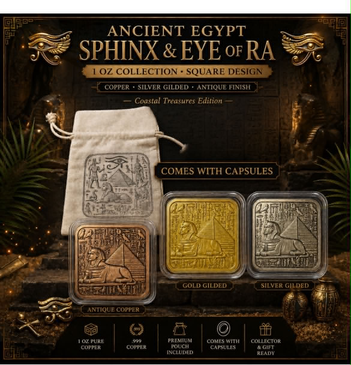 Ancient Egypt Sphinx & Eye of Ra 3 x 1 oz Copper Medal Set (07/03)