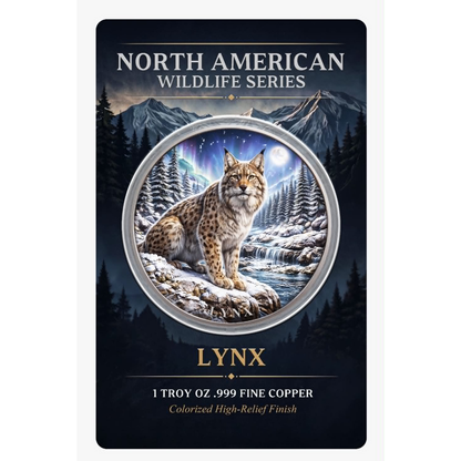 North American Wildlife - Lynx UHR Colorized 1 oz Copper Medal in Card (06/19)