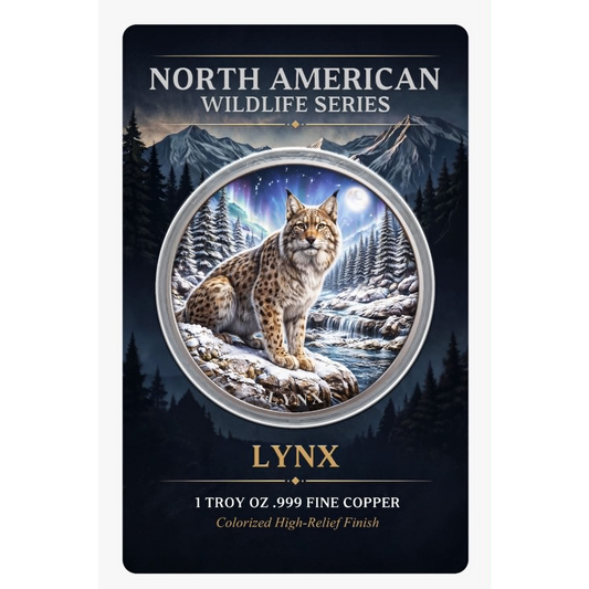 North American Wildlife - Lynx UHR Colorized 1 oz Copper Medal in Card (06/19)