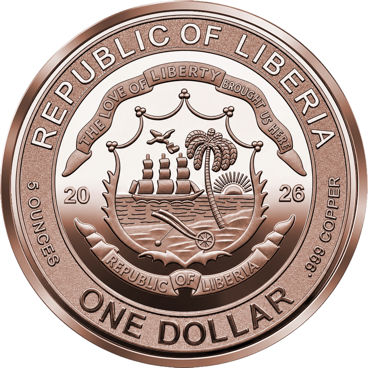 2026 Liberia Lady Justice Reverse Proof 5 oz Copper Coin (08/03)